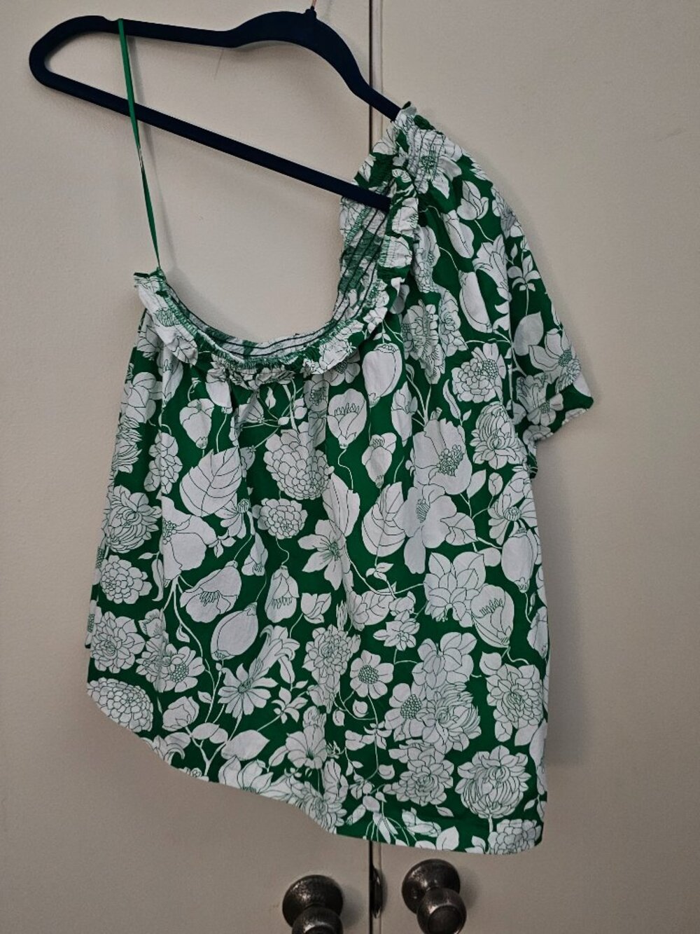 J. Crew green floral one-shoulder top. Size XL. NWOT. 100% cotton poplin.